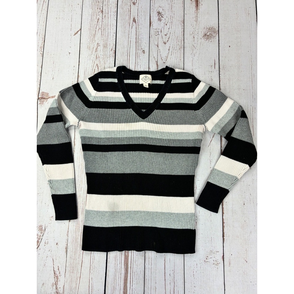 St. Johns Bay Womens Large Striped V-Neck Ribbed Knit Cotton Sweater Black Grey